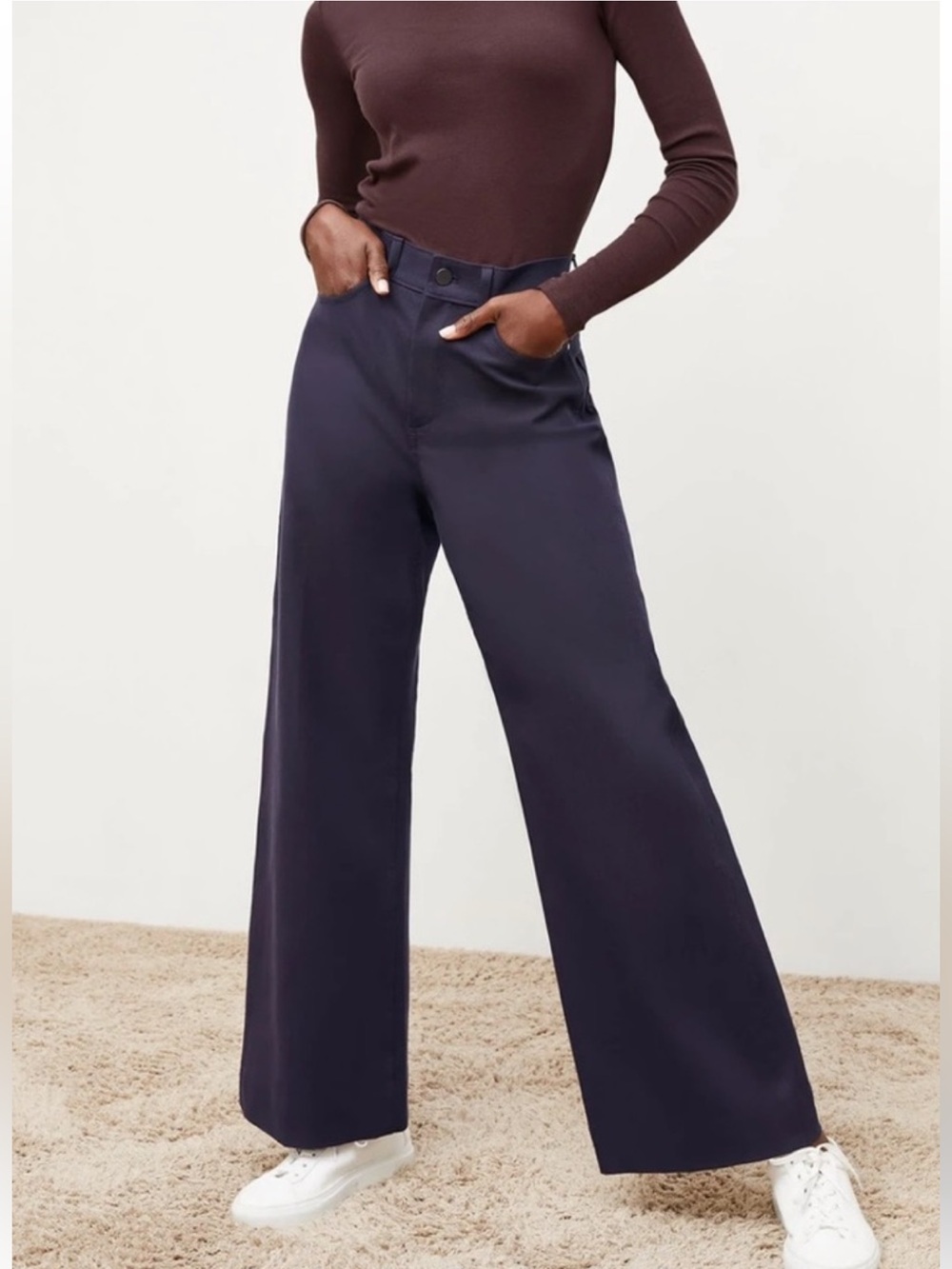 MM Lafleur Milo High Rise Wide Leg Pants Navy Ink Stretch Adjustable Leg Size 14